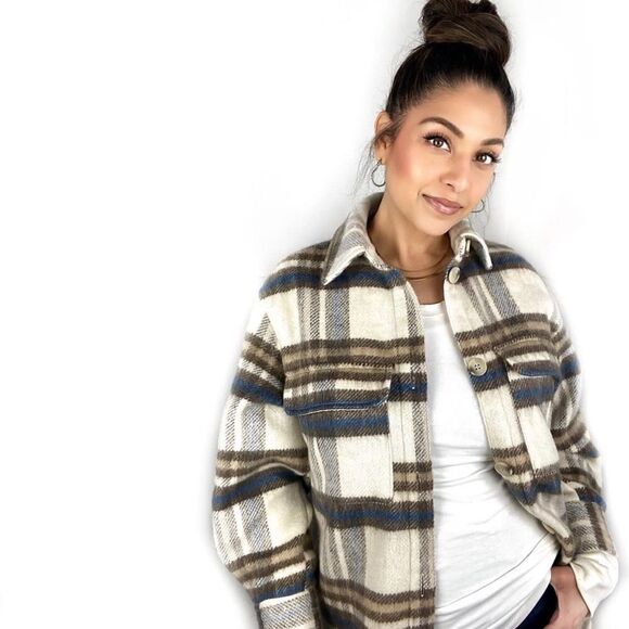 H&M Plaid Wool Blend Shacket Jacket Overshirt New - Picture 2 of 6